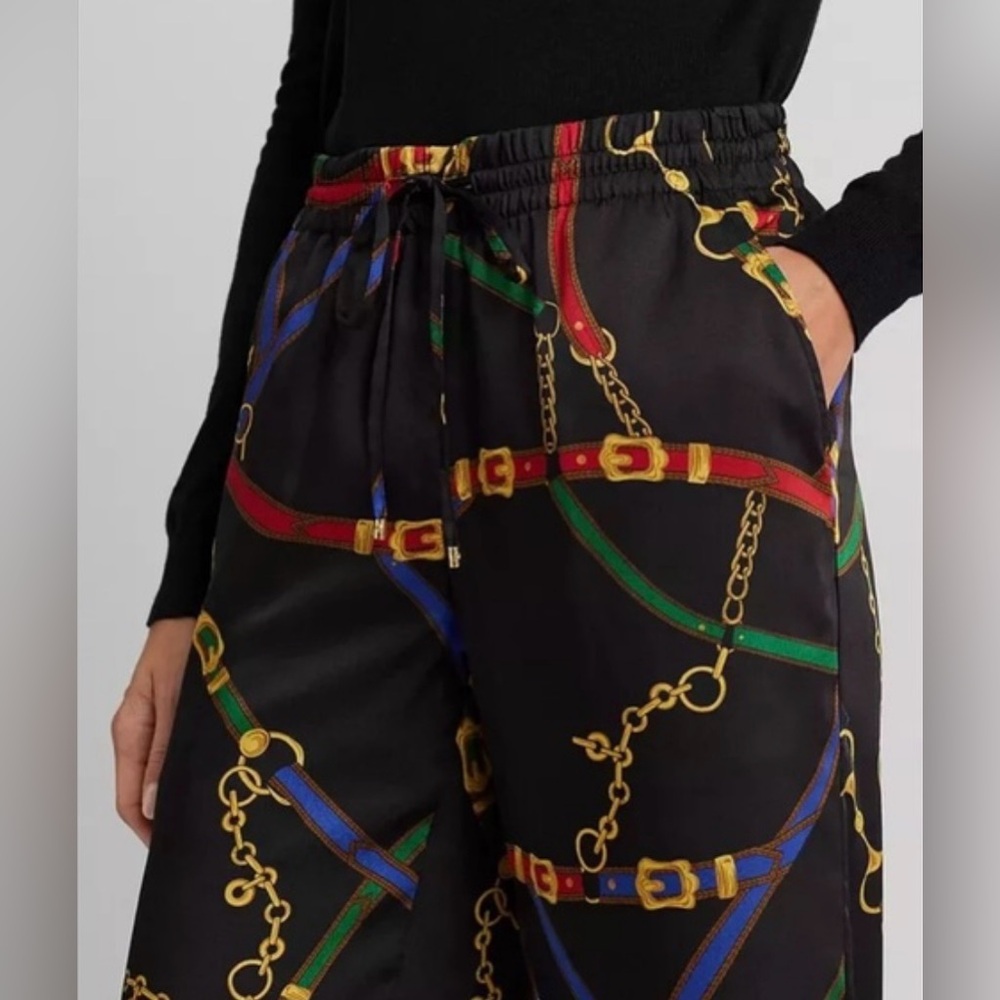 NWT Ralph Lauren Black with Chain&Belt Pattern Silky Pants Elastic Drawstring - Picture 4 of 5